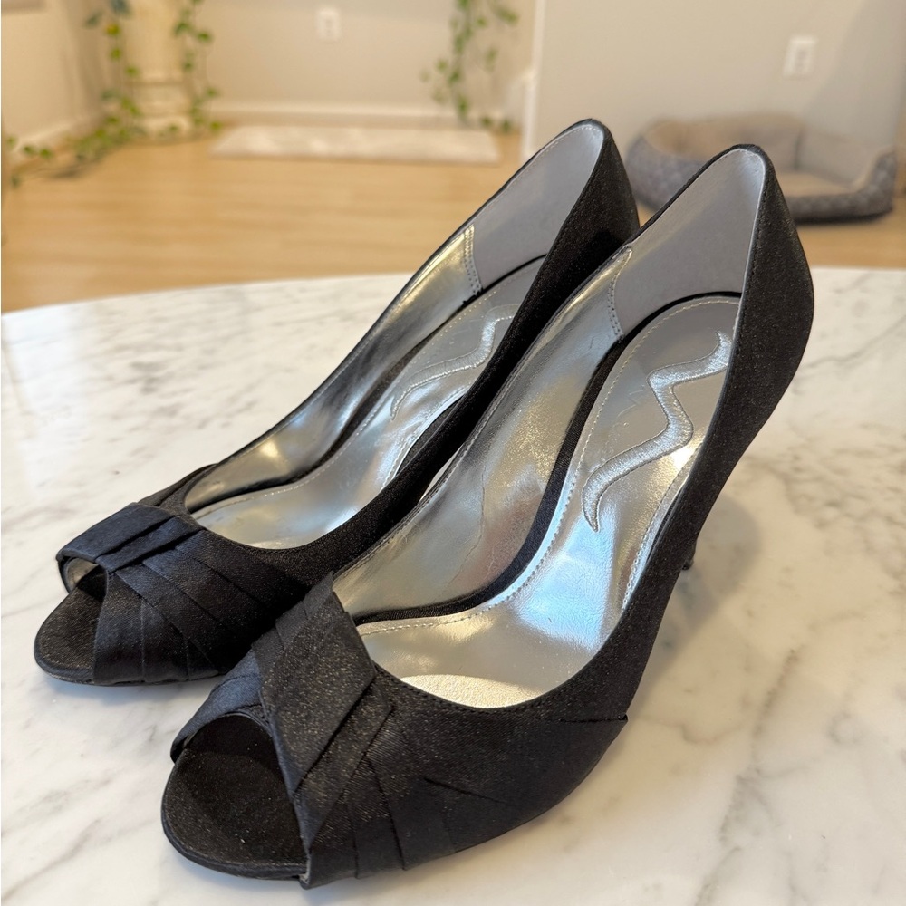 Satin Black Peep-Toe Heels